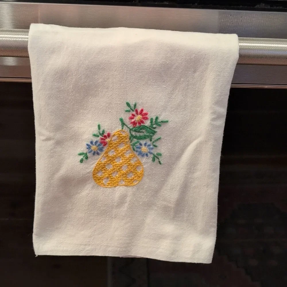 Vintage Embroidered White Tea Towel with Floral Pear Design